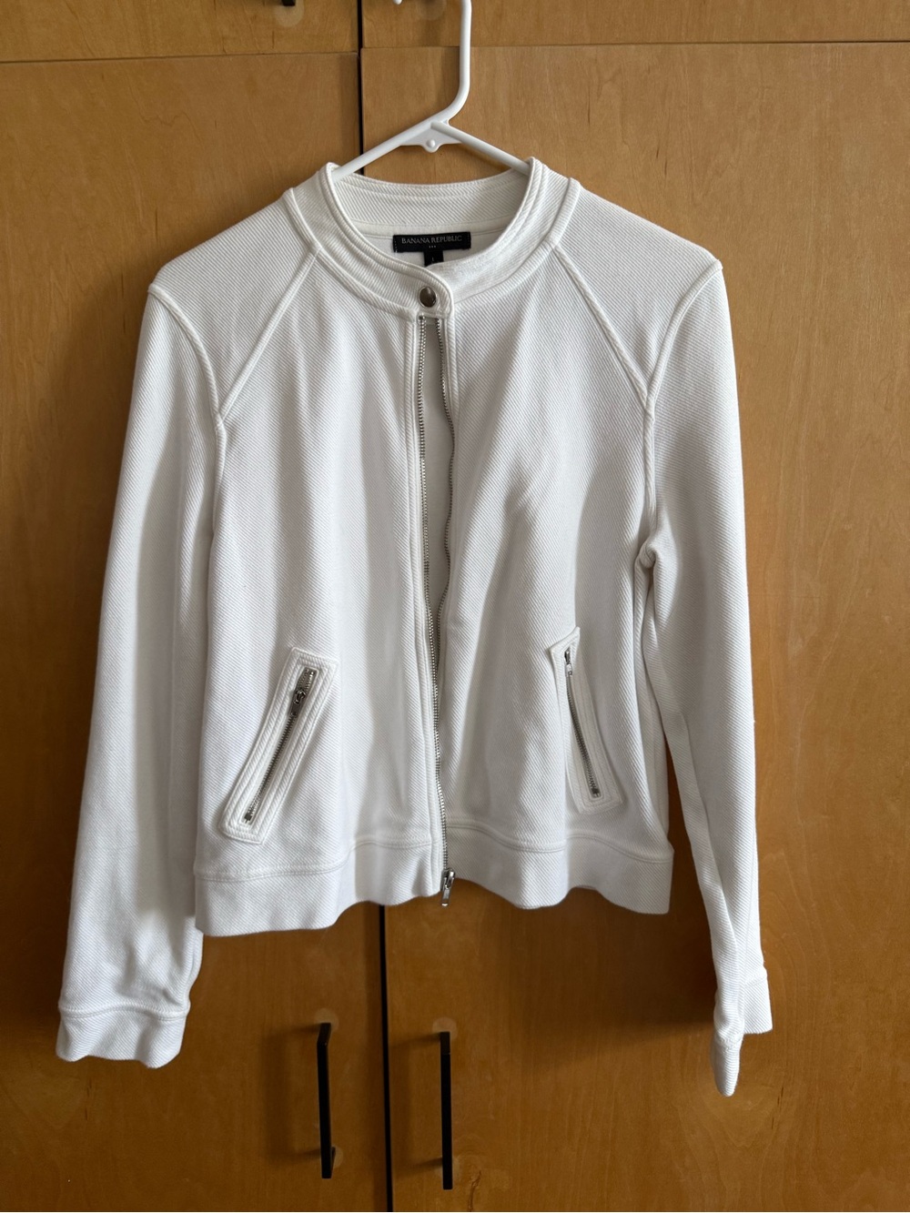 Banana Republic White Zip-Front Knit Bomber Jacket